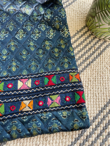Ajrakh blockprinted Mashru Silk Embroidered Jhola