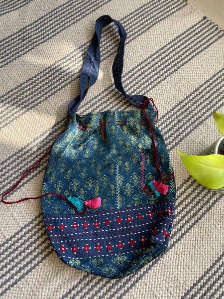 Ajrakh blockprinted Mashru Silk Embroidered Potli Style Bag