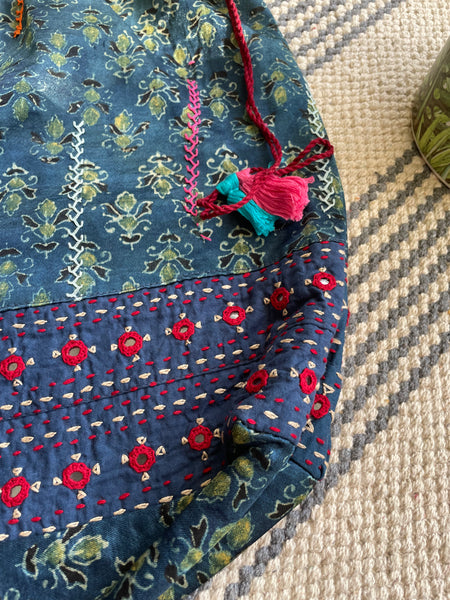 Ajrakh blockprinted Mashru Silk Embroidered Potli Style Bag