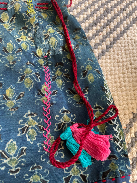 Ajrakh blockprinted Mashru Silk Embroidered Potli Style Bag