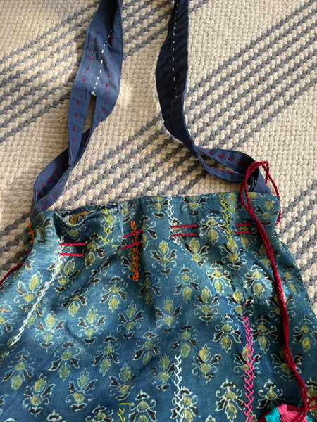 Ajrakh blockprinted Mashru Silk Embroidered Potli Style Bag