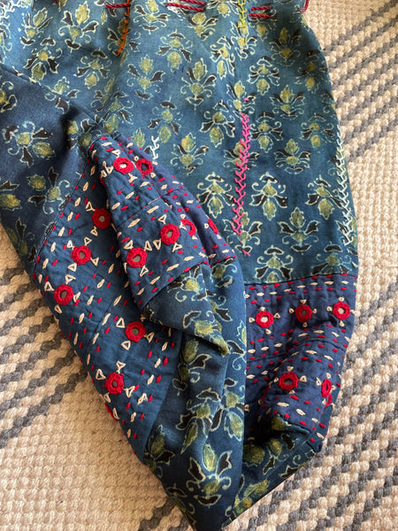 Ajrakh blockprinted Mashru Silk Embroidered Potli Style Bag