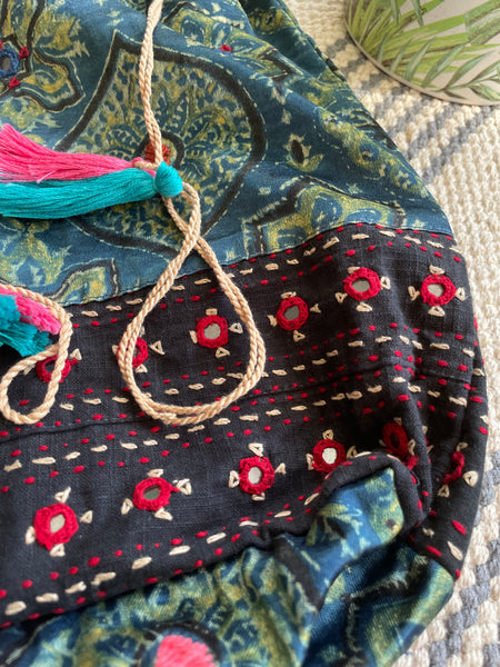 Ajrakh blockprinted Mashru Silk Embroidered Potli Style Bag