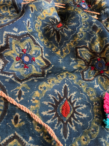 Ajrakh blockprinted Mashru Silk Embroidered Potli Style Bag