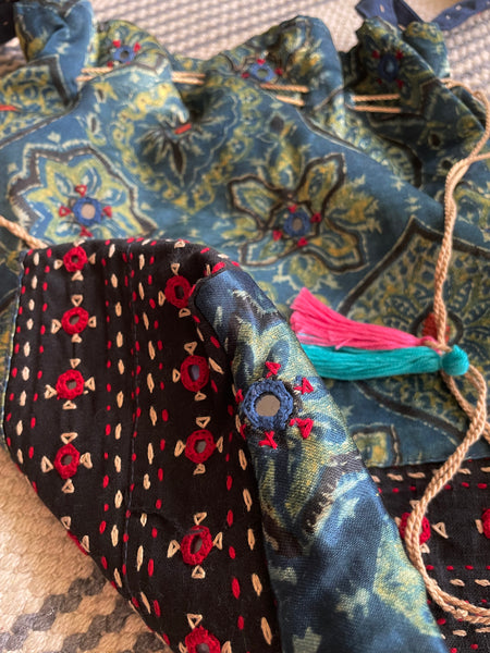 Ajrakh blockprinted Mashru Silk Embroidered Potli Style Bag