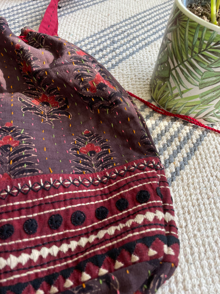 Ajrakh blockprinted Cotton Embroidered Potli Style Bag