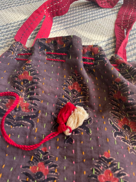 Ajrakh blockprinted Cotton Embroidered Potli Style Bag