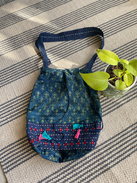 Ajrakh blockprinted Mashru Silk Embroidered Potli Style Bag