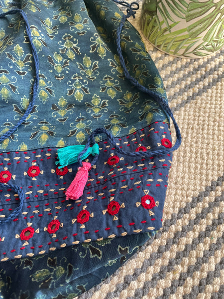 Ajrakh blockprinted Mashru Silk Embroidered Potli Style Bag