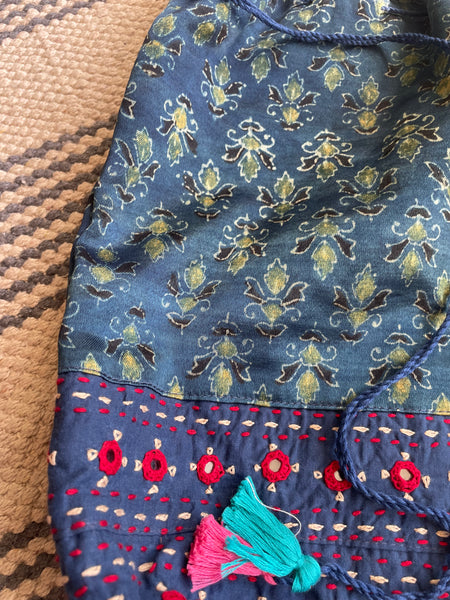 Ajrakh blockprinted Mashru Silk Embroidered Potli Style Bag