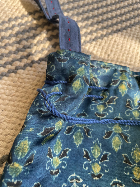 Ajrakh blockprinted Mashru Silk Embroidered Potli Style Bag