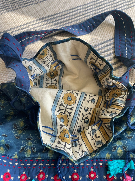 Ajrakh blockprinted Mashru Silk Embroidered Potli Style Bag