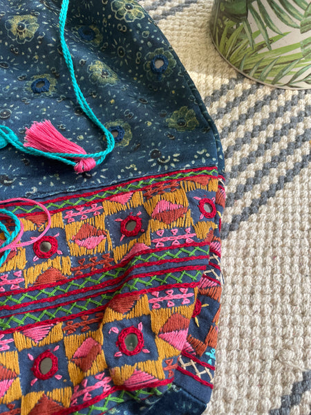 Ajrakh blockprinted Mashru Silk Embroidered Potli Style Bag