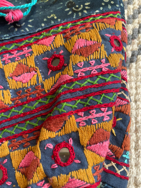 Ajrakh blockprinted Mashru Silk Embroidered Potli Style Bag