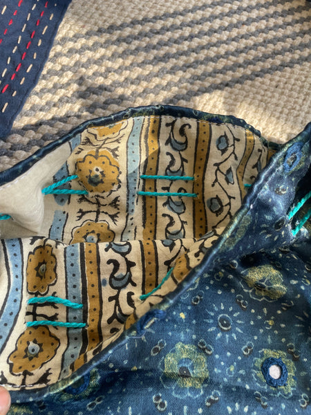 Ajrakh blockprinted Mashru Silk Embroidered Potli Style Bag
