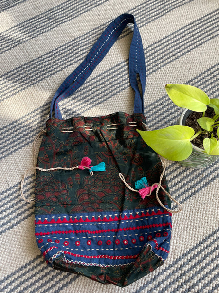 Ajrakh blockprinted Mashru Silk Embroidered Potli Style Bag