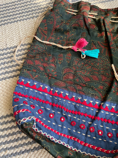 Ajrakh blockprinted Mashru Silk Embroidered Potli Style Bag