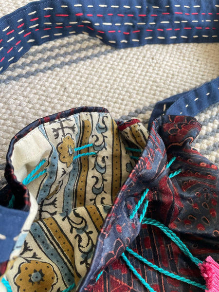 Ajrakh blockprinted Mashru Silk Embroidered Potli Style Bag