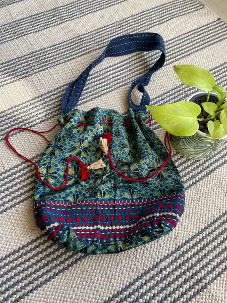 Ajrakh blockprinted Mashru Silk Embroidered Potli Style Bag