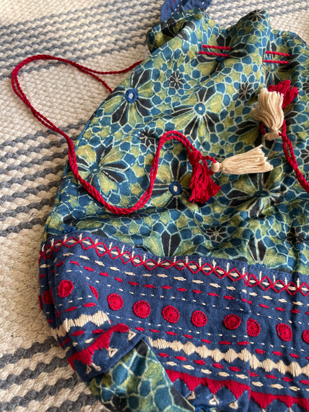 Ajrakh blockprinted Mashru Silk Embroidered Potli Style Bag