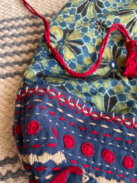 Ajrakh blockprinted Mashru Silk Embroidered Potli Style Bag