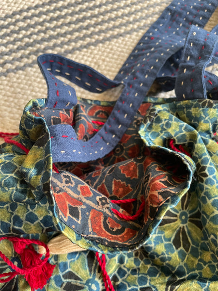 Ajrakh blockprinted Mashru Silk Embroidered Potli Style Bag