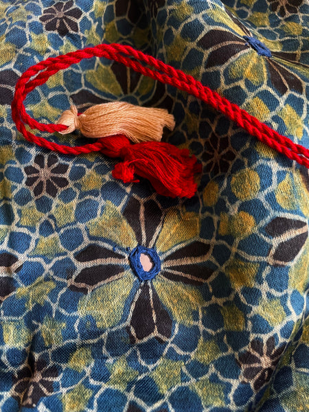 Ajrakh blockprinted Mashru Silk Embroidered Potli Style Bag
