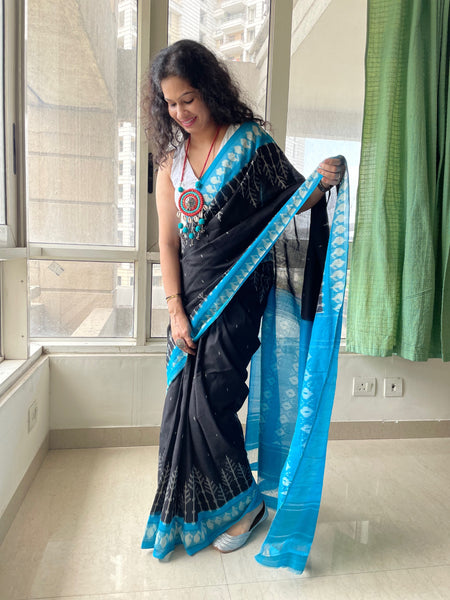 Woven Ikkat Pochampally Cotton saree with zari border
