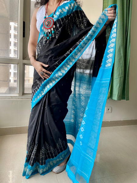 Woven Ikkat Pochampally Cotton saree with zari border