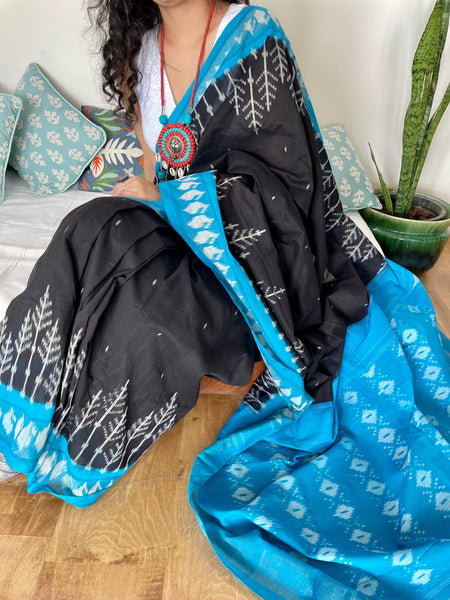 Woven Ikkat Pochampally Cotton saree with zari border