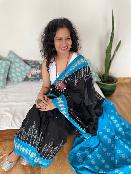 Woven Ikkat Pochampally Cotton saree with zari border