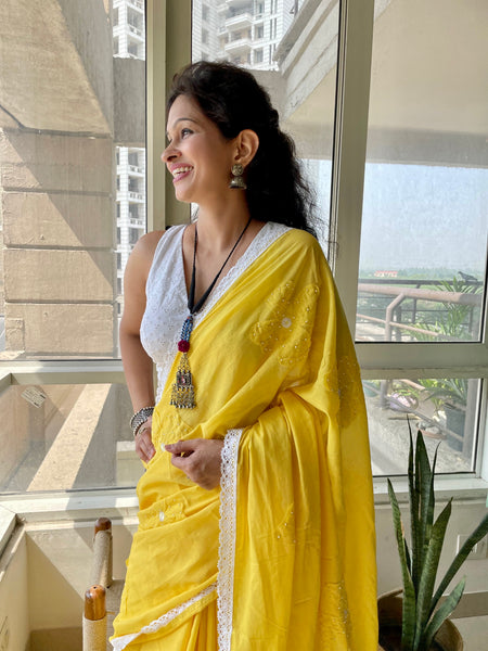 Cotton saree with Single flower Patchwork and Hand Embroidery
