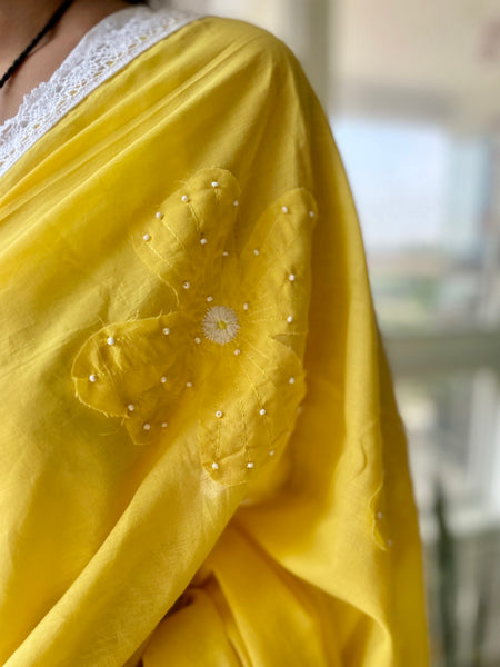 Cotton saree with Single flower Patchwork and Hand Embroidery