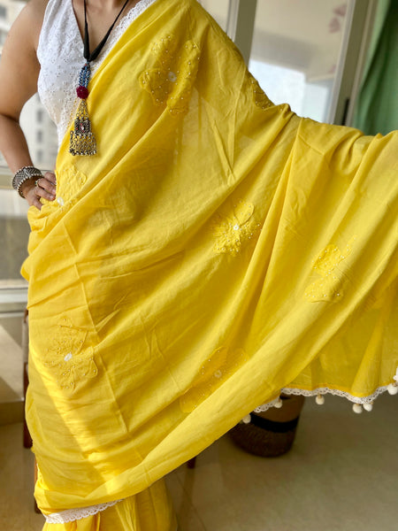Cotton saree with Single flower Patchwork and Hand Embroidery