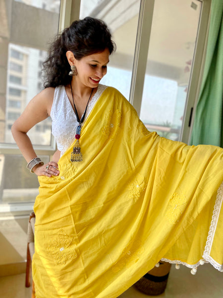 Cotton saree with Single flower Patchwork and Hand Embroidery