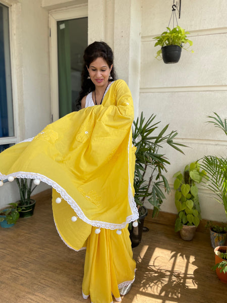 Cotton saree with Single flower Patchwork and Hand Embroidery