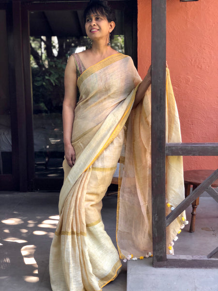 Handwoven linen stripes saree - Sunset Mix
