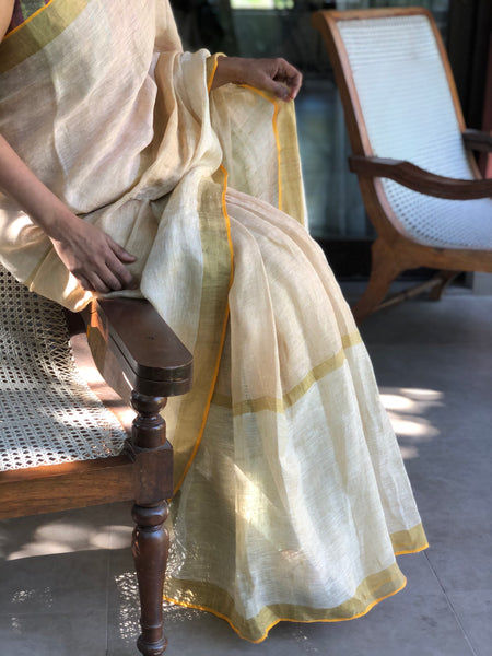 Handwoven linen stripes saree - Sunset Mix