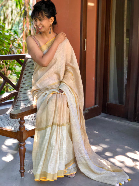 Handwoven linen stripes saree - Sunset Mix