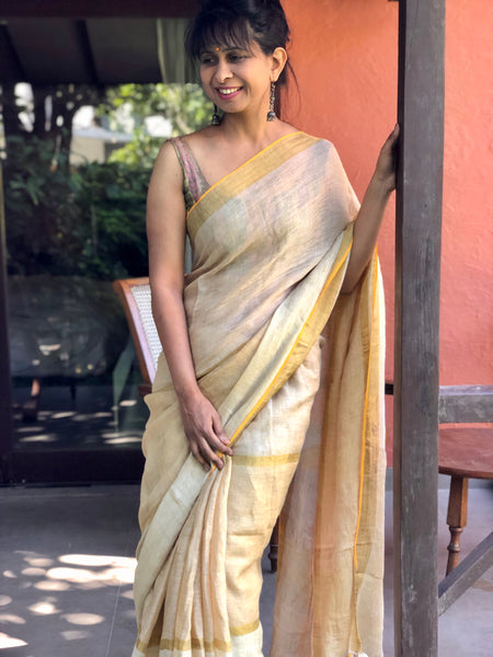 Handwoven linen stripes saree - Sunset Mix