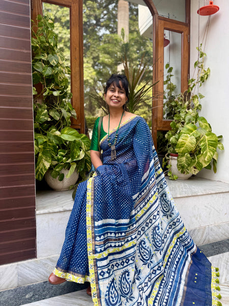 Embroidered Pallu & Patchwork Border- Cotton Silk Block Printed Saree