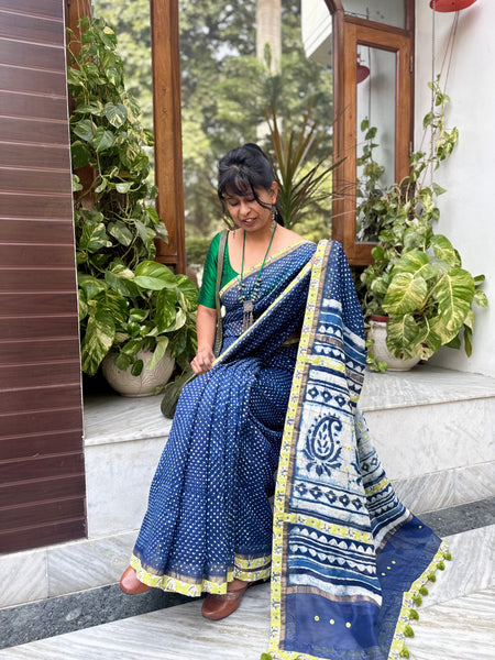 Embroidered Pallu & Patchwork Border- Cotton Silk Block Printed Saree