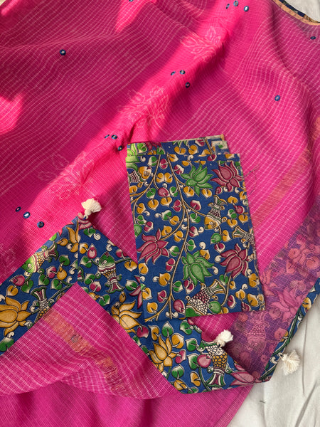 Embroidered pallu & patchwork border- kota doria saree