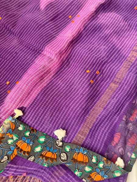 Embroidered pallu & patchwork border- kota doria saree