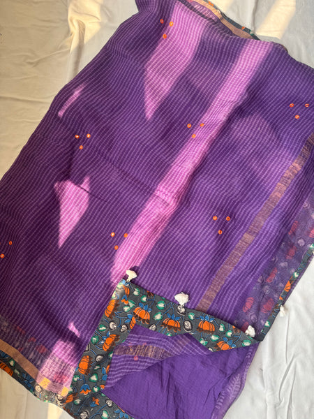 Embroidered pallu & patchwork border- kota doria saree