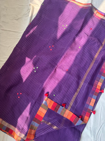 Embroidered pallu & patchwork border- kota doria saree