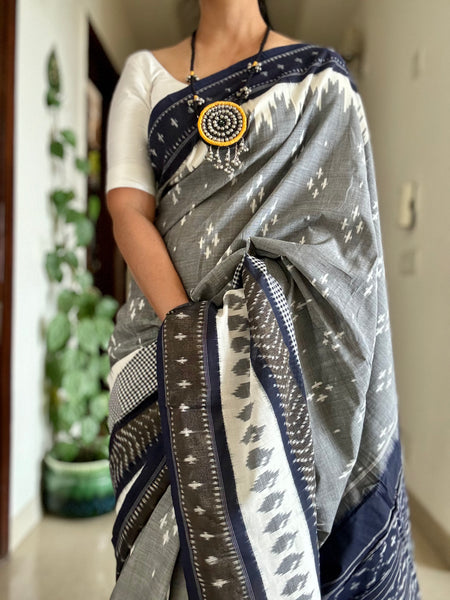 Woven Ikkat Pochampally Cotton saree with gold zari border