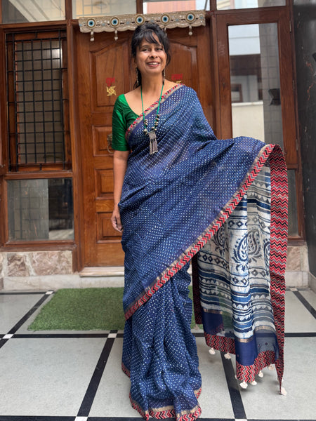 Embroidered Pallu & Ajrakh Patchwork Border- Cotton Silk Block printed Saree