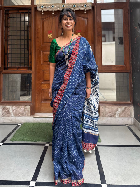 Embroidered Pallu & Ajrakh Patchwork Border- Cotton Silk Block printed Saree