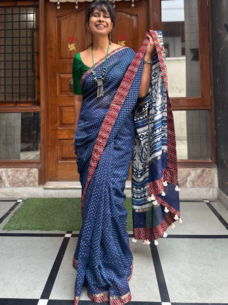 Embroidered Pallu & Ajrakh Patchwork Border- Cotton Silk Block printed Saree